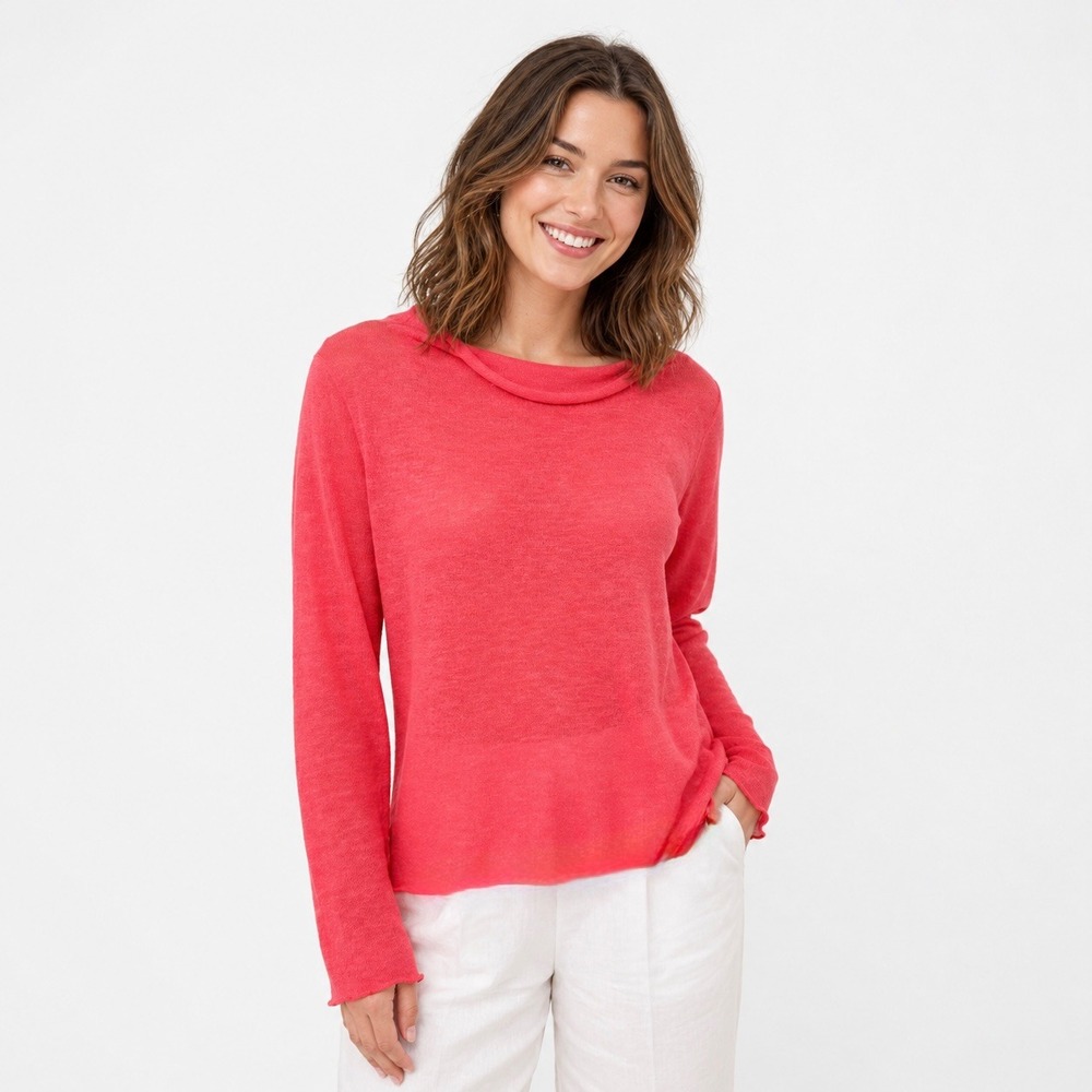 Eileen Fisher Organic Linen Knit Top Women XS Coral Pink Rolled Neck Lightweight